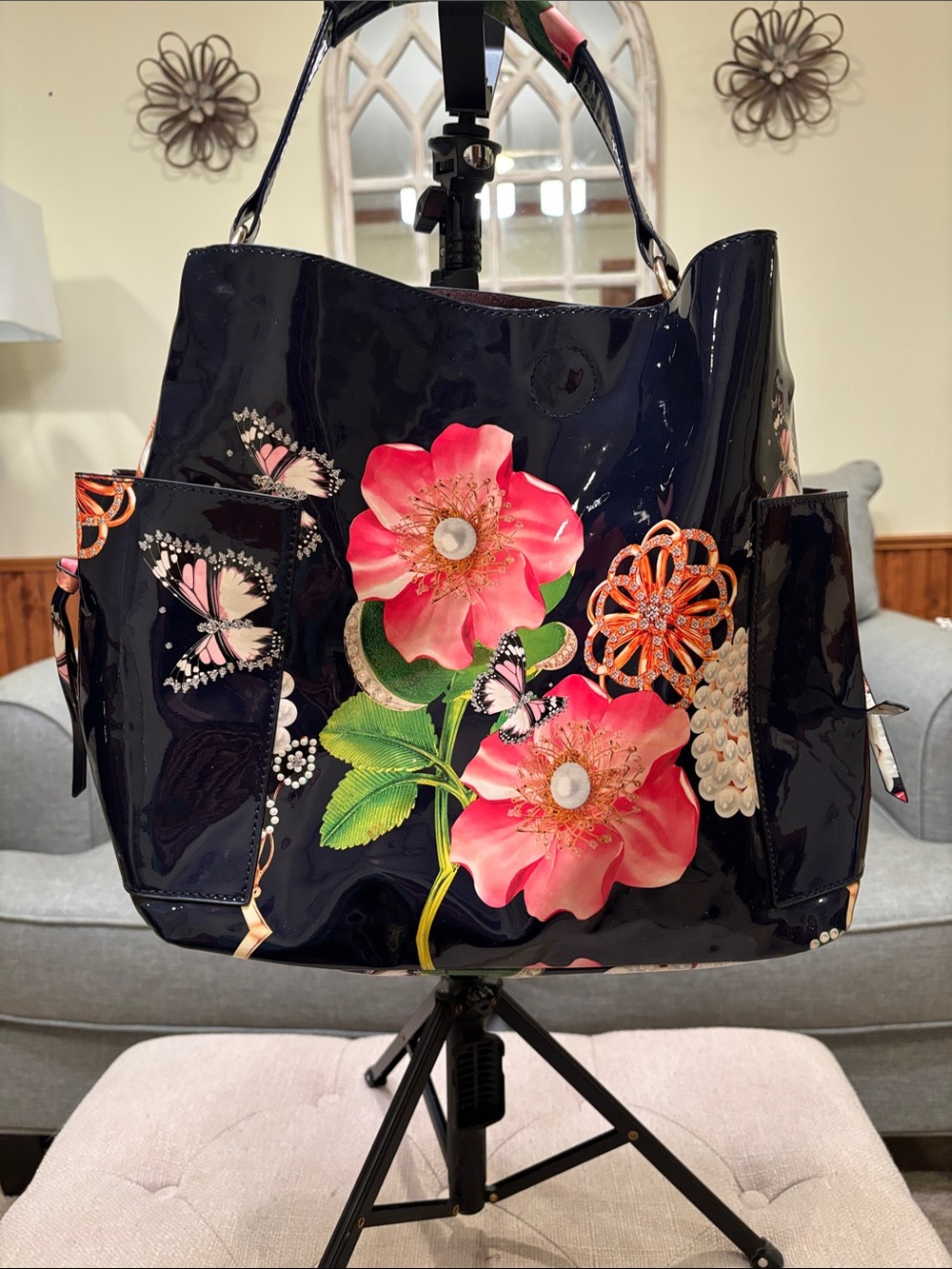 Glossy Black Tote with Pink Floral & Butterfly Accents